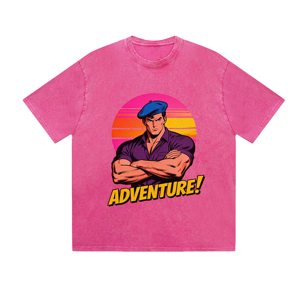 Vintage Washed T-Shirt Adventure Retro Sunset Character Graphic Print Casual Daily Streetwear Feel lives