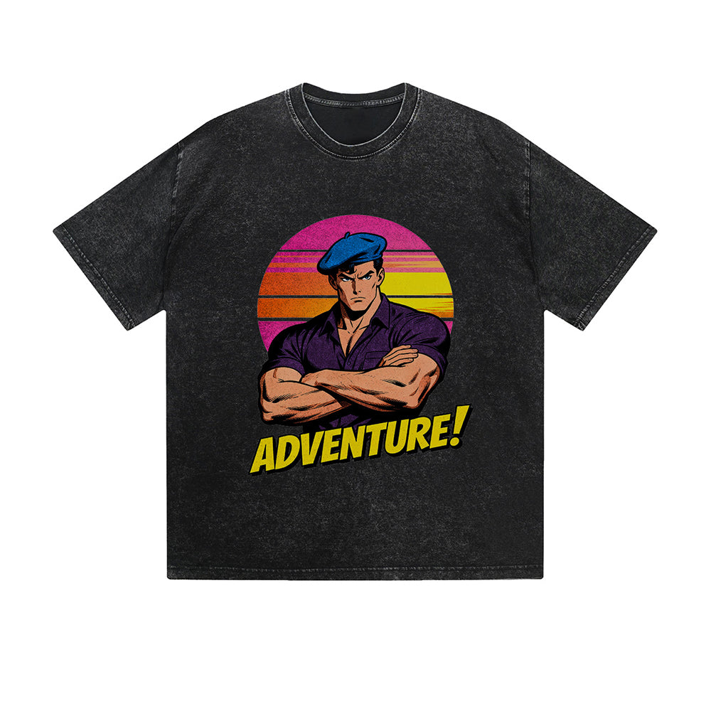 Vintage Washed T-Shirt Adventure Retro Sunset Character Graphic Print Casual Daily Streetwear Feel lives