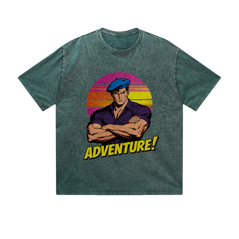 Vintage Washed T-Shirt Adventure Retro Sunset Character Graphic Print Casual Daily Streetwear Feel lives