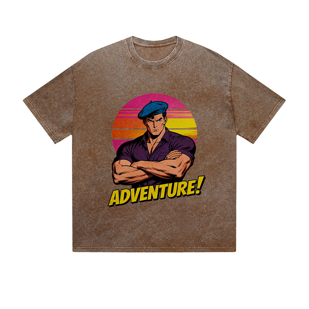 Vintage Washed T-Shirt Adventure Retro Sunset Character Graphic Print Casual Daily Streetwear Feel lives