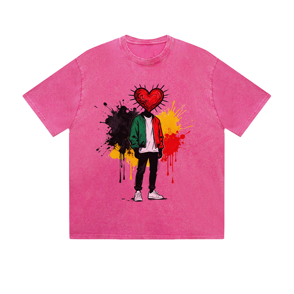 Vintage Washed T-Shirt Heart Paint Splash Street Art Graphic Print Casual Daily Streetwear Feel lives