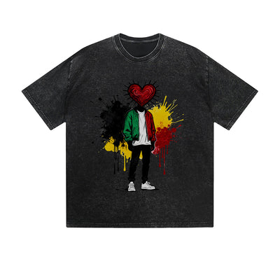 Vintage Washed T-Shirt Heart Paint Splash Street Art Graphic Print Casual Daily Streetwear Feel lives