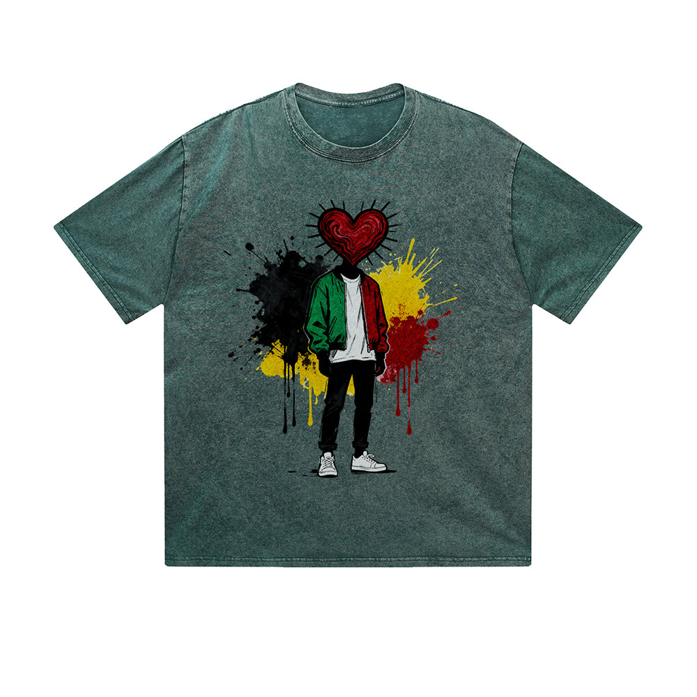 Vintage Washed T-Shirt Heart Paint Splash Street Art Graphic Print Casual Daily Streetwear Feel lives