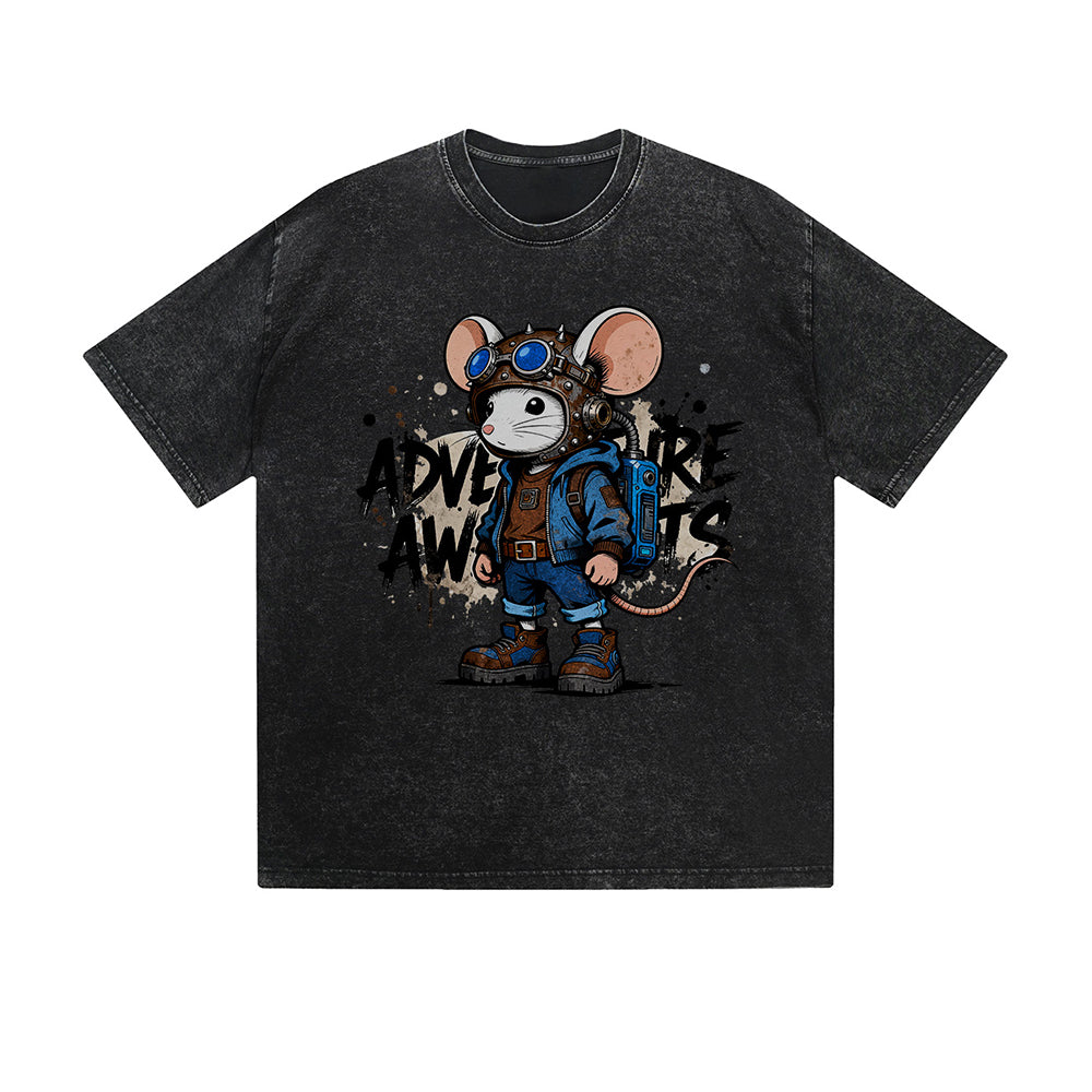 Vintage Washed T-Shirt Adventure Mouse Explorer Cartoon Graphic Print Casual Daily Streetwear Feel lives