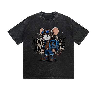 Vintage Washed T-Shirt Adventure Mouse Explorer Cartoon Graphic Print Casual Daily Streetwear Feel lives