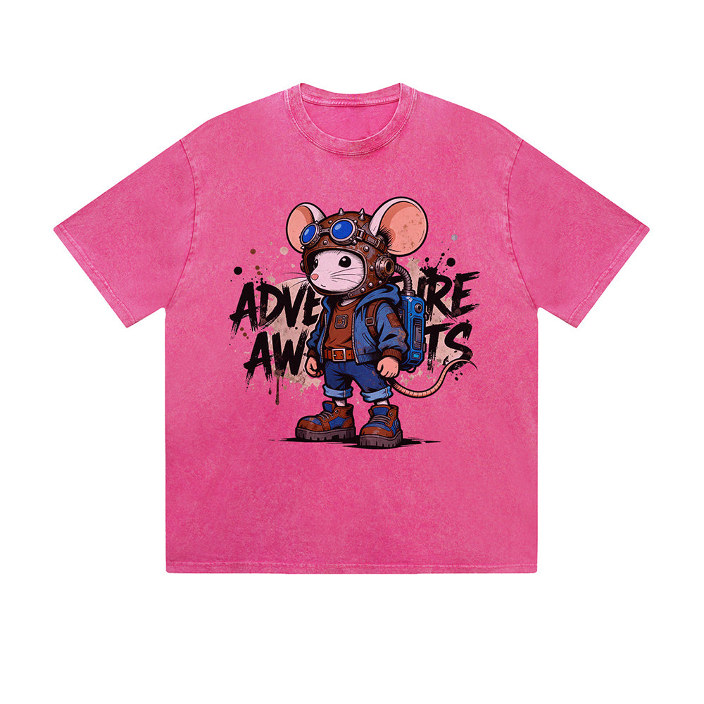 Vintage Washed T-Shirt Adventure Mouse Explorer Cartoon Graphic Print Casual Daily Streetwear Feel lives