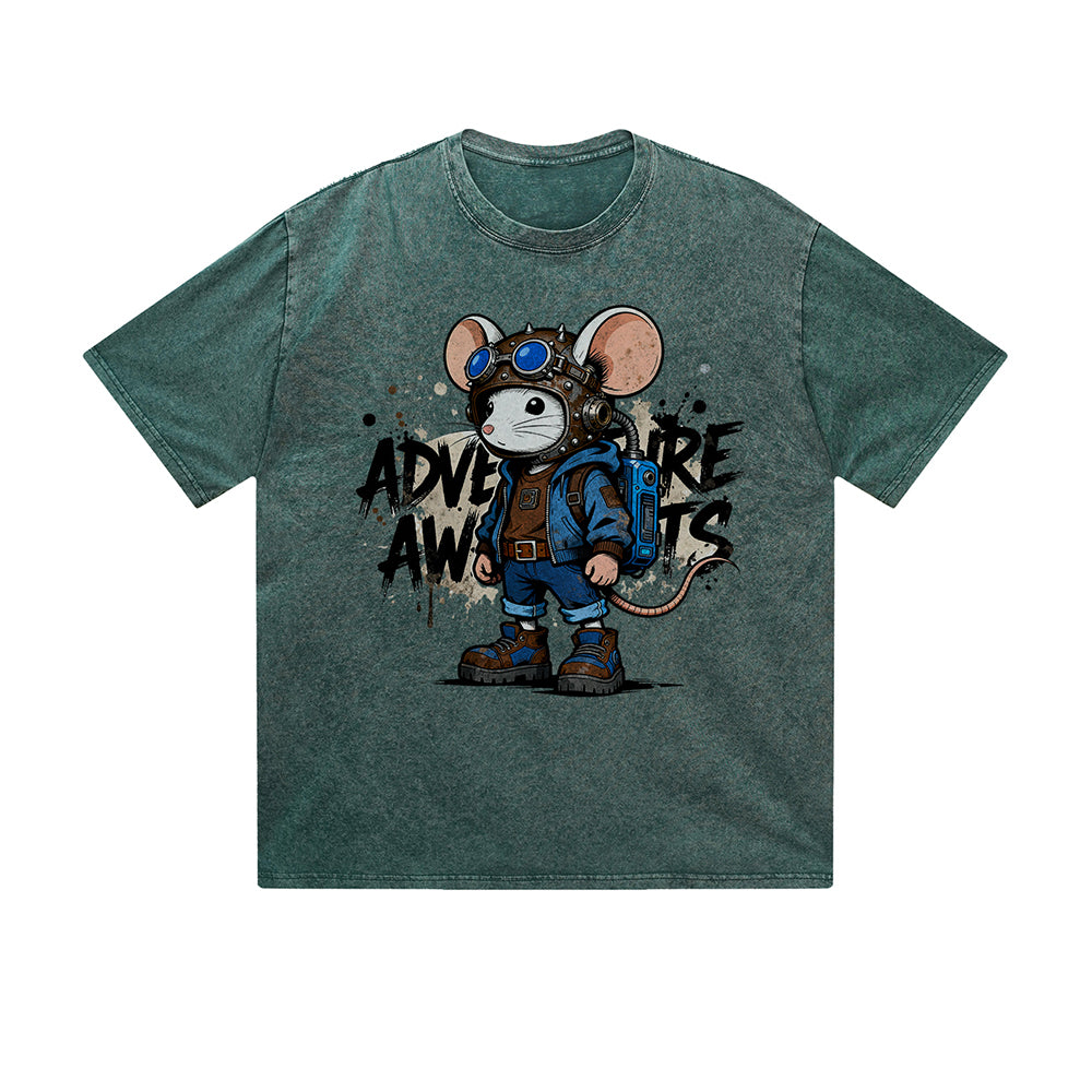 Vintage Washed T-Shirt Adventure Mouse Explorer Cartoon Graphic Print Casual Daily Streetwear Feel lives