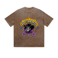 Vintage Washed T-Shirt Be Fearless Skull Flame Graphic Print Casual Daily Streetwear Feel lives
