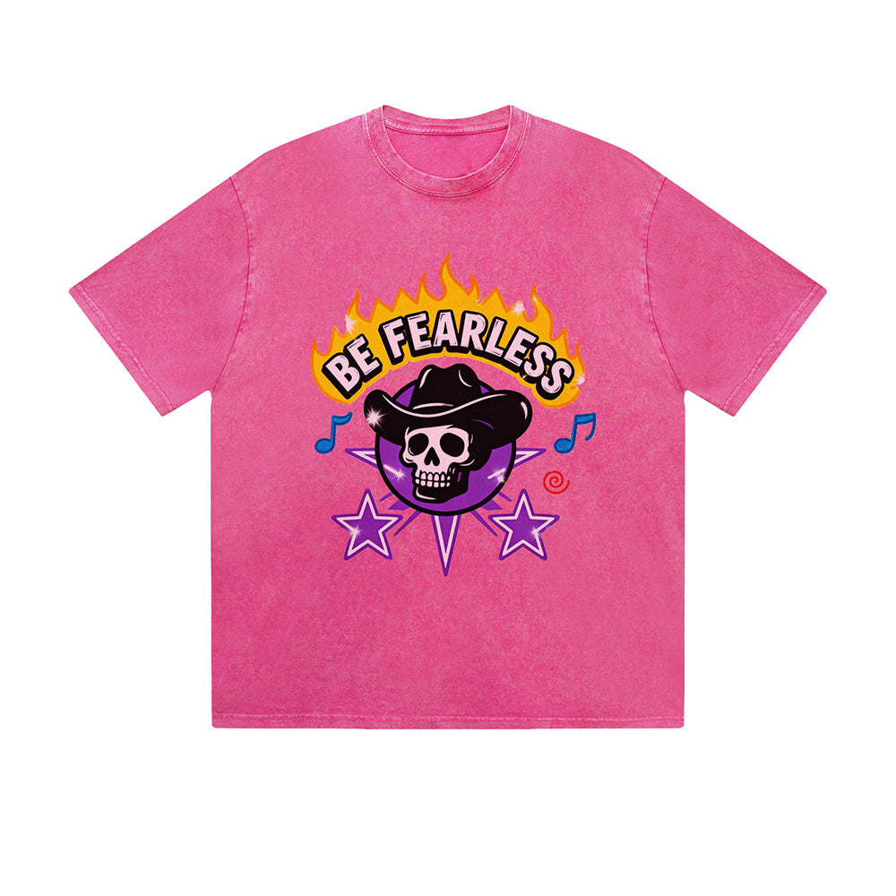 Vintage Washed T-Shirt Be Fearless Skull Flame Graphic Print Casual Daily Streetwear Feel lives