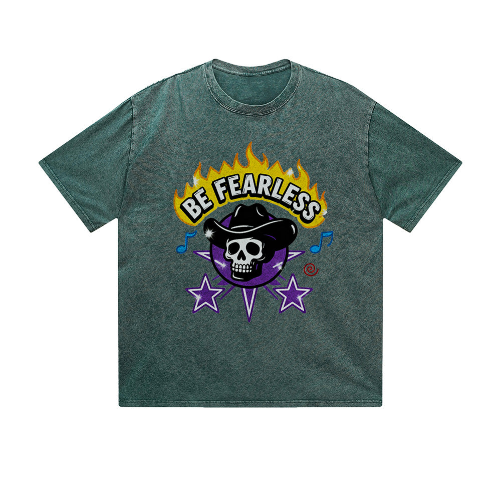 Vintage Washed T-Shirt Be Fearless Skull Flame Graphic Print Casual Daily Streetwear Feel lives