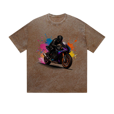 Vintage Washed T-Shirt Motorcycle Racing Colorful Splash Graphic Print Casual Daily Streetwear Feel lives