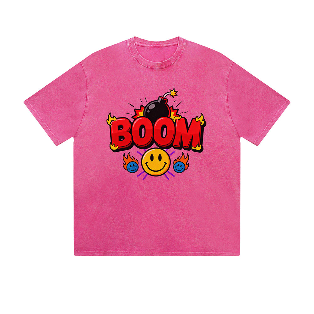Vintage Washed T-Shirt Boom Smiley Face Bomb Graphic Print Casual Daily Streetwear Feel lives