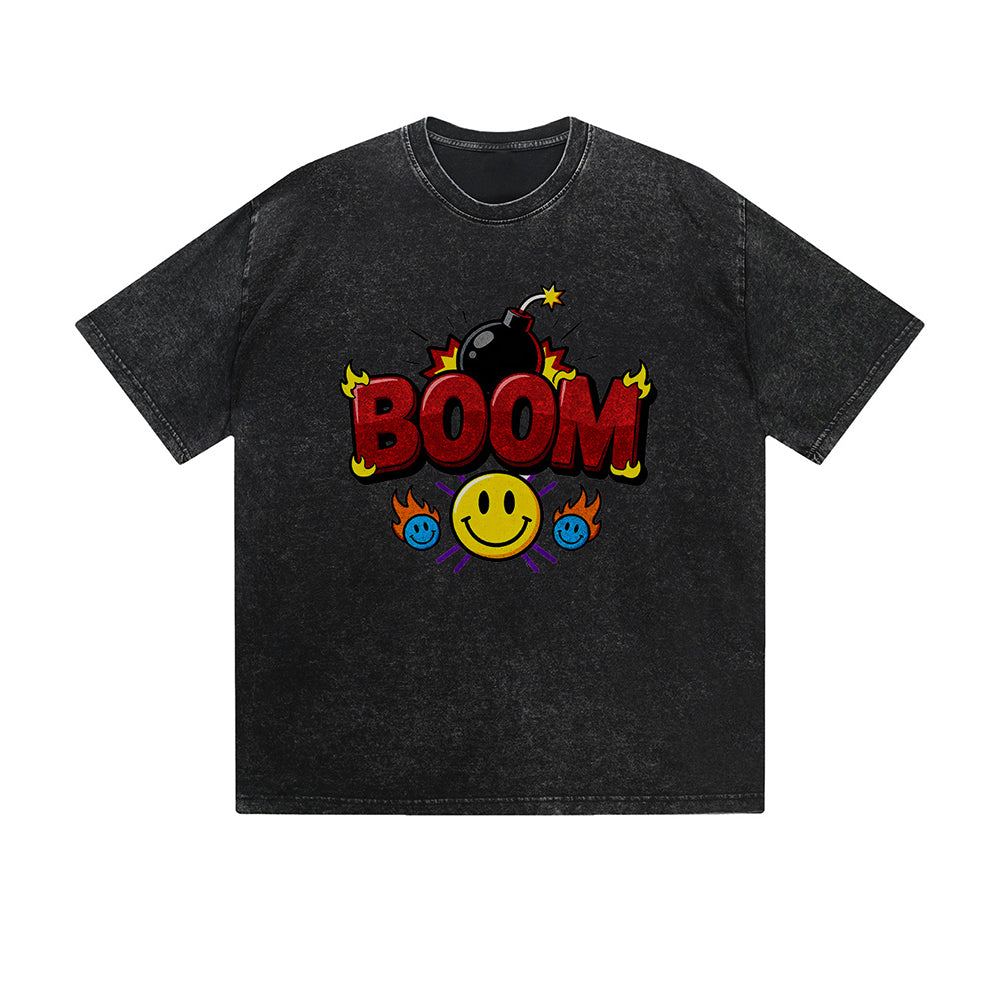 Vintage Washed T-Shirt Boom Smiley Face Bomb Graphic Print Casual Daily Streetwear Feel lives