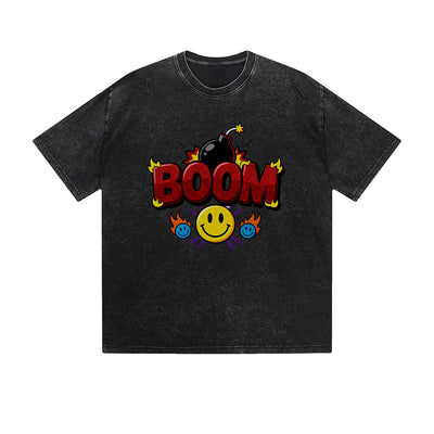 Vintage Washed T-Shirt Boom Smiley Face Bomb Graphic Print Casual Daily Streetwear Feel lives