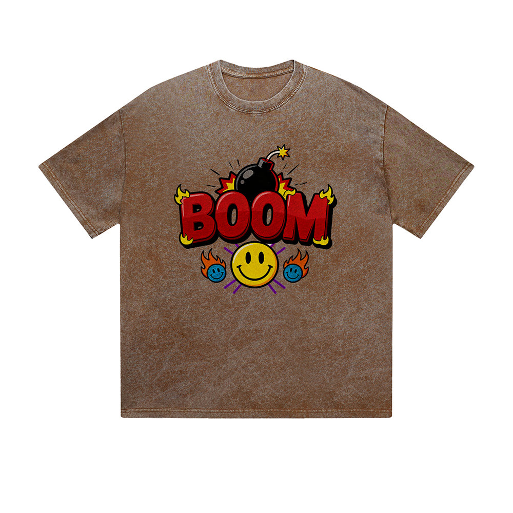 Vintage Washed T-Shirt Boom Smiley Face Bomb Graphic Print Casual Daily Streetwear Feel lives