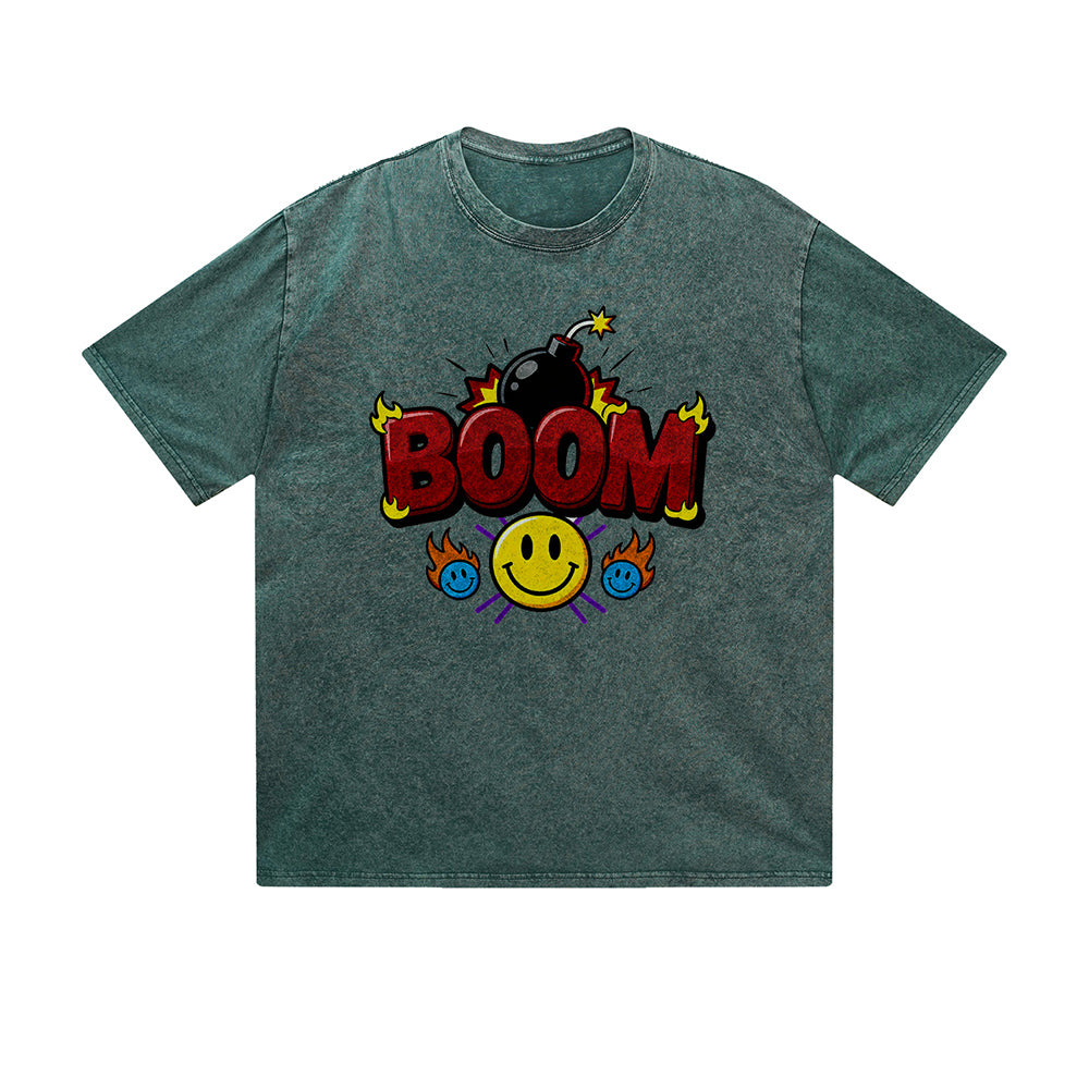 Vintage Washed T-Shirt Boom Smiley Face Bomb Graphic Print Casual Daily Streetwear Feel lives