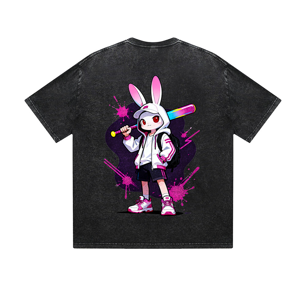 Vintage Washed T-Shirt Cool Rabbit Baseball Bat Cartoon Graphic Print Casual Daily Streetwear Feel lives