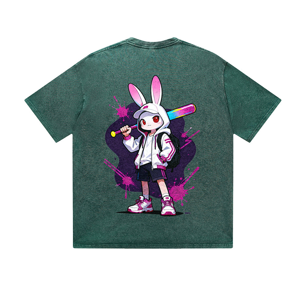 Vintage Washed T-Shirt Cool Rabbit Baseball Bat Cartoon Graphic Print Casual Daily Streetwear Feel lives