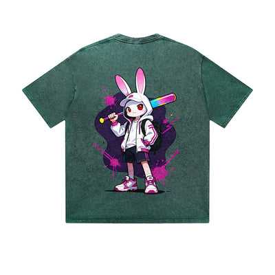 Vintage Washed T-Shirt Cool Rabbit Baseball Bat Cartoon Graphic Print Casual Daily Streetwear Feel lives