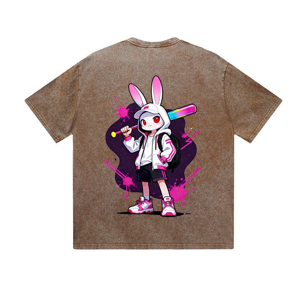 Vintage Washed T-Shirt Cool Rabbit Baseball Bat Cartoon Graphic Print Casual Daily Streetwear Feel lives