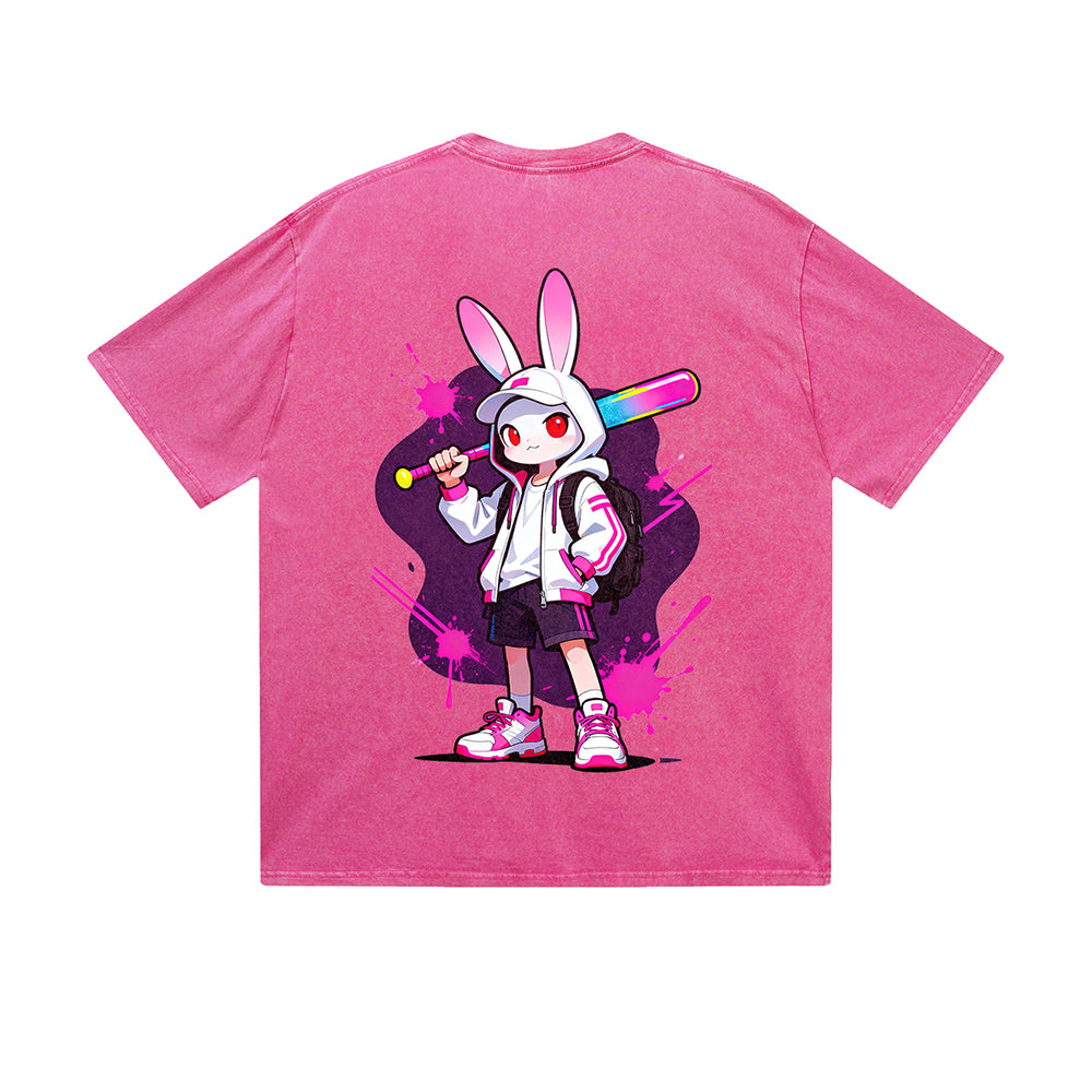 Vintage Washed T-Shirt Cool Rabbit Baseball Bat Cartoon Graphic Print Casual Daily Streetwear Feel lives