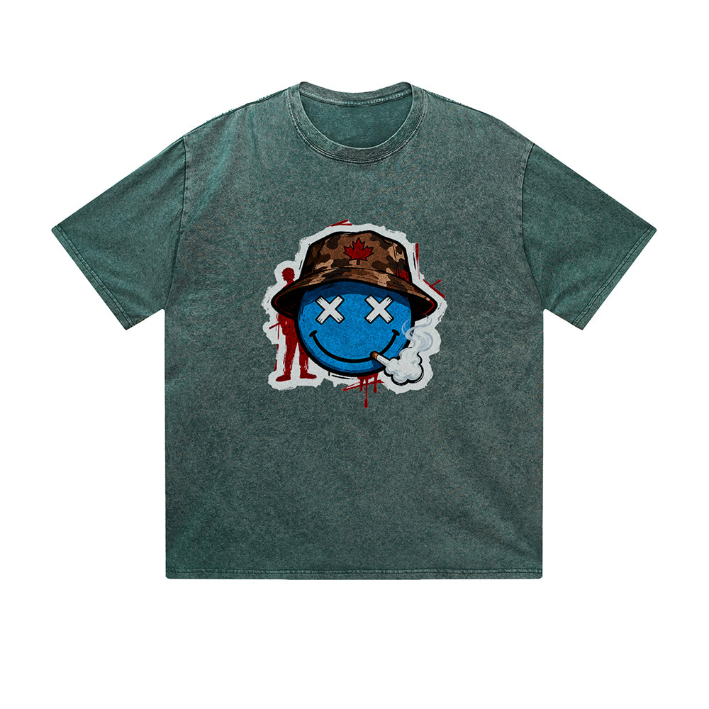 Vintage Washed T-Shirt Graffiti Smiley Face Street Art Graphic Print Casual Daily Streetwear Feel lives