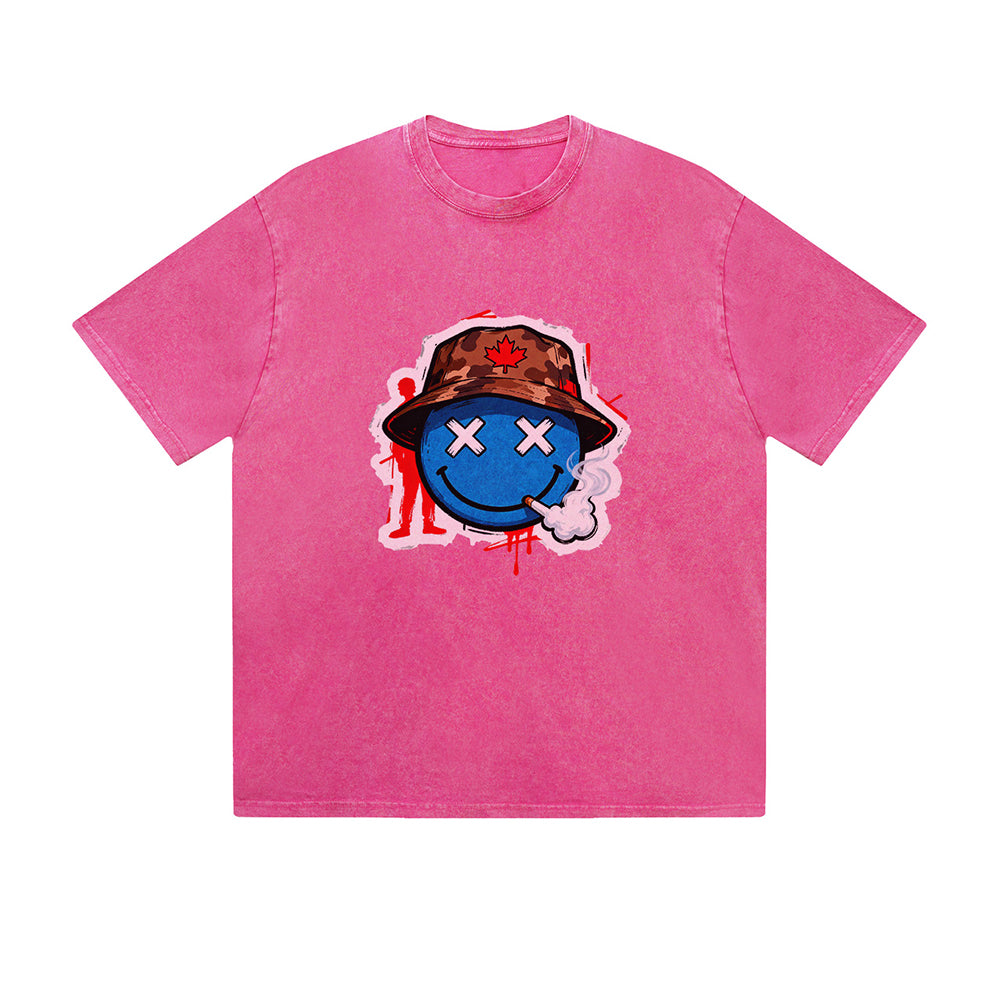 Vintage Washed T-Shirt Graffiti Smiley Face Street Art Graphic Print Casual Daily Streetwear Feel lives