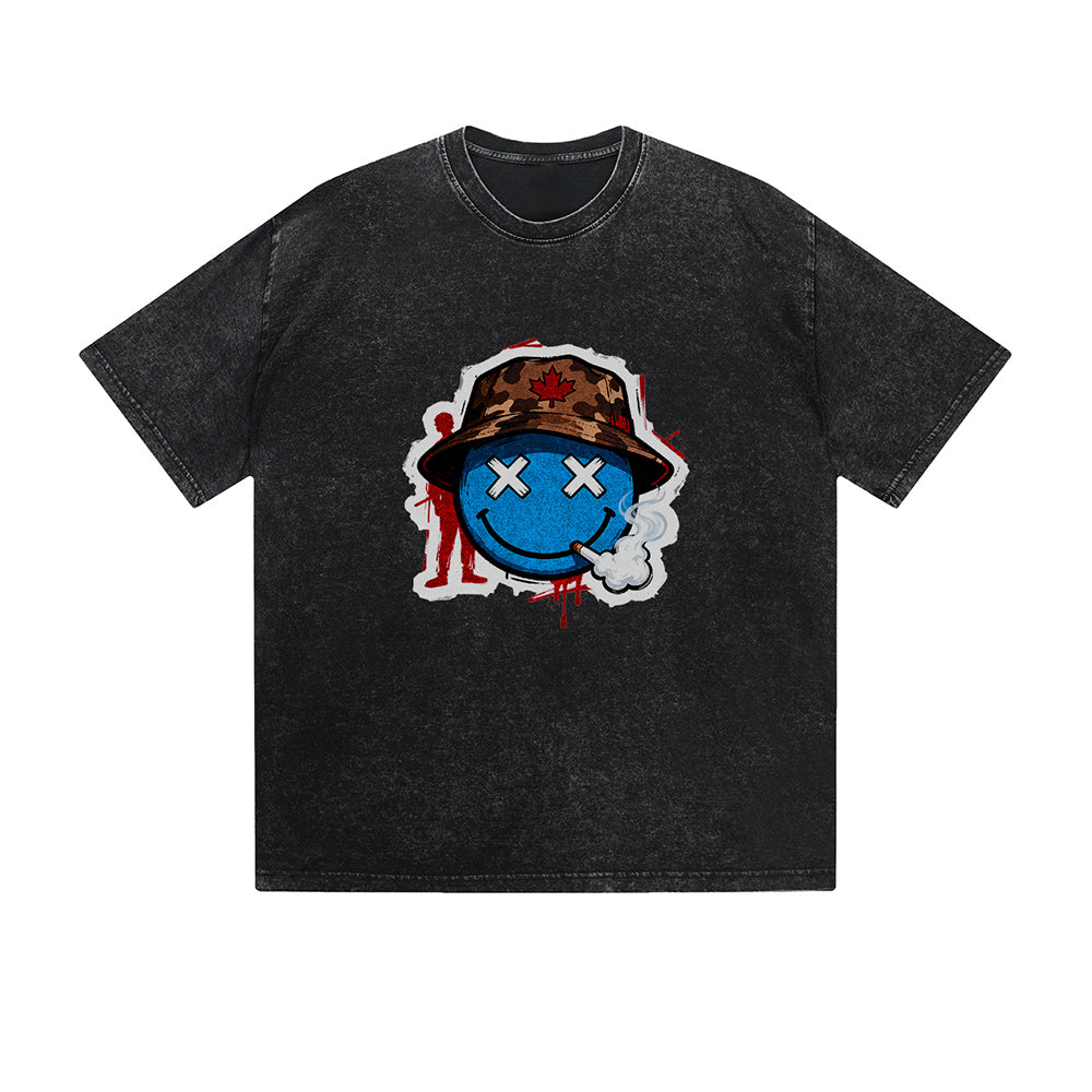 Vintage Washed T-Shirt Graffiti Smiley Face Street Art Graphic Print Casual Daily Streetwear Feel lives