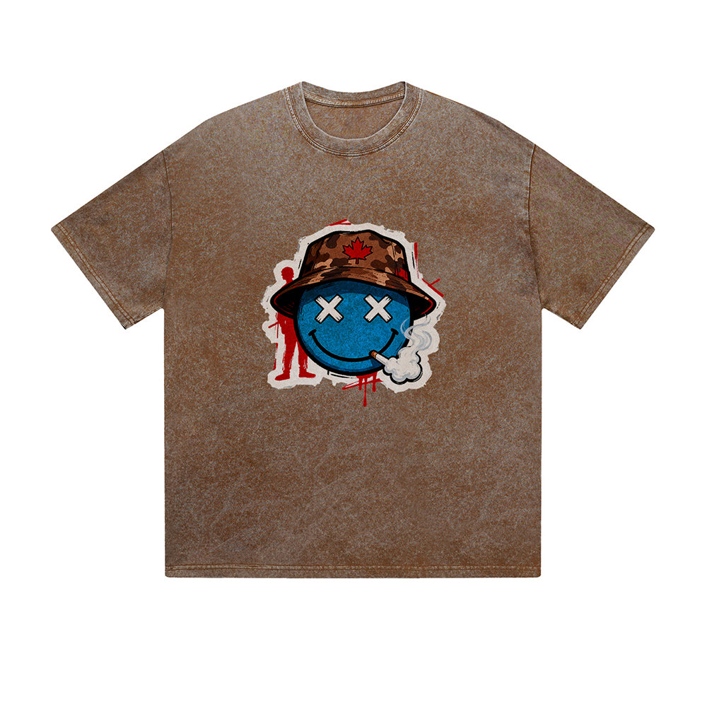 Vintage Washed T-Shirt Graffiti Smiley Face Street Art Graphic Print Casual Daily Streetwear Feel lives