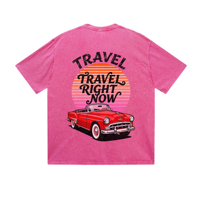 Solid Color T-Shirt Travel Right Now Vintage Car Sunset Graphic Print Casual Daily Streetwear Feel lives