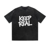 Vintage Washed T-Shirt Keep Real Graffiti Text Graphic Print Casual Daily Streetwear Feel lives