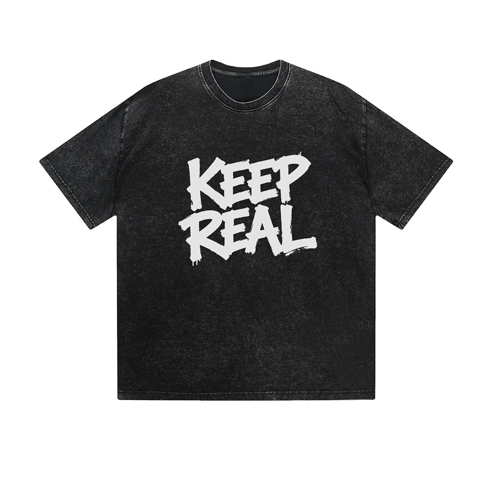 Vintage Washed T-Shirt Keep Real Graffiti Text Graphic Print Casual Daily Streetwear Feel lives