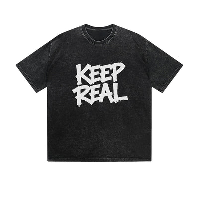 Vintage Washed T-Shirt Keep Real Graffiti Text Graphic Print Casual Daily Streetwear Feel lives