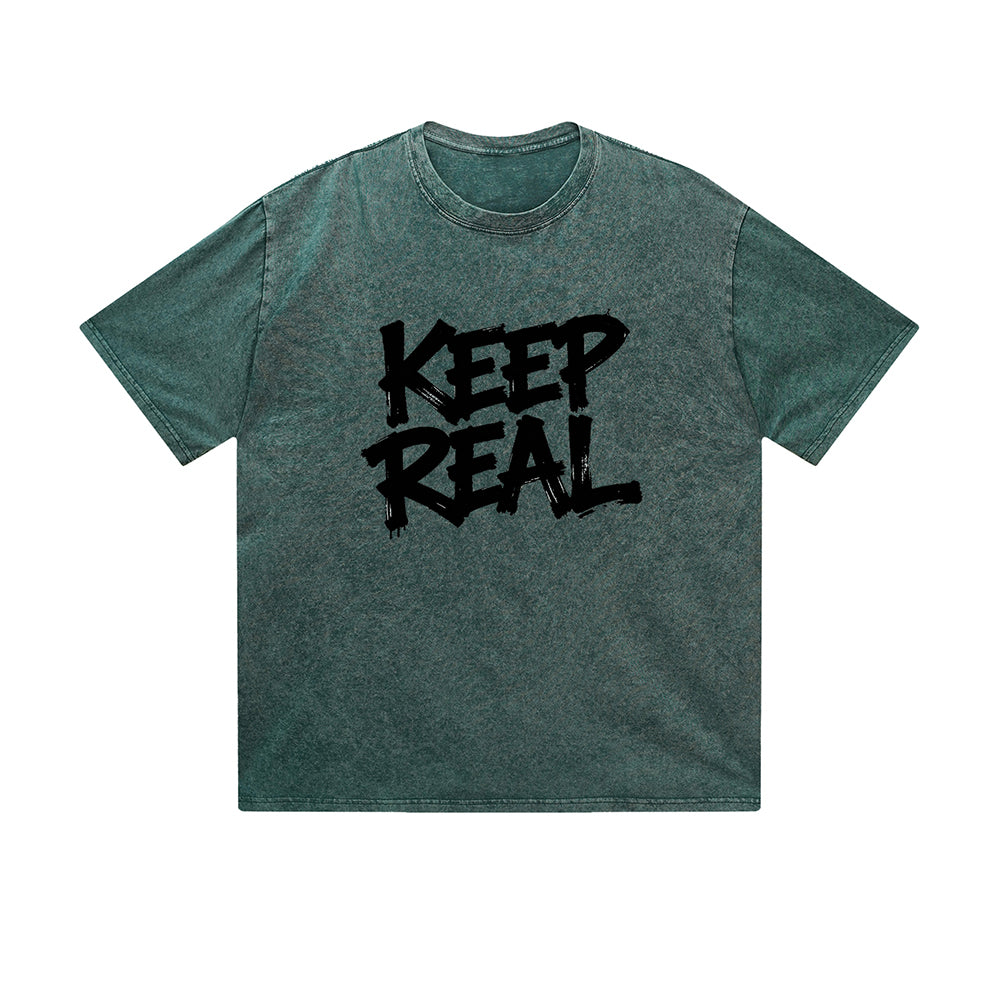 Vintage Washed T-Shirt Keep Real Graffiti Text Graphic Print Casual Daily Streetwear Feel lives
