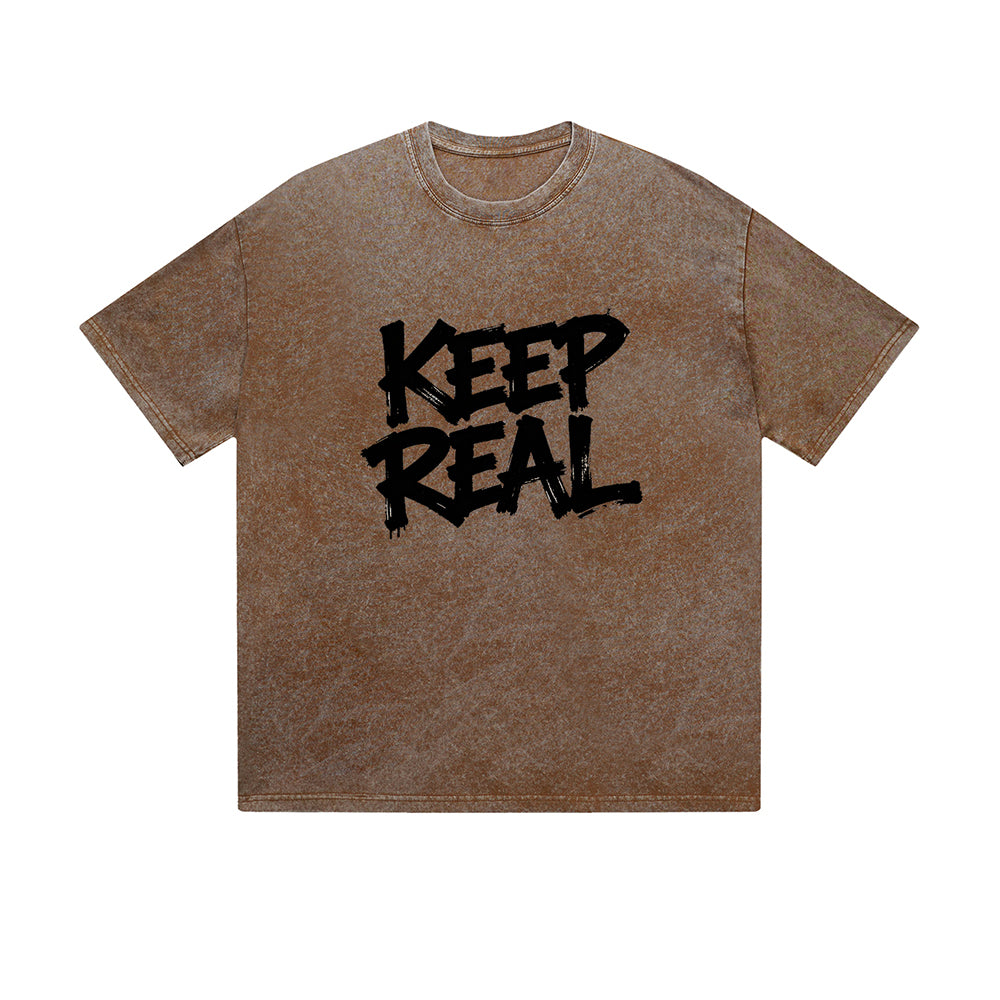 Vintage Washed T-Shirt Keep Real Graffiti Text Graphic Print Casual Daily Streetwear Feel lives