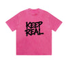 Vintage Washed T-Shirt Keep Real Graffiti Text Graphic Print Casual Daily Streetwear Feel lives