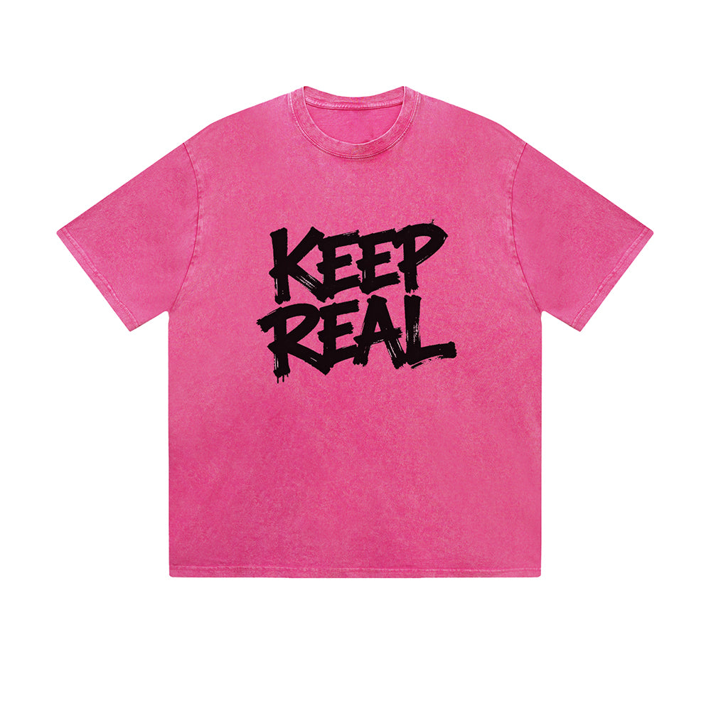 Vintage Washed T-Shirt Keep Real Graffiti Text Graphic Print Casual Daily Streetwear Feel lives