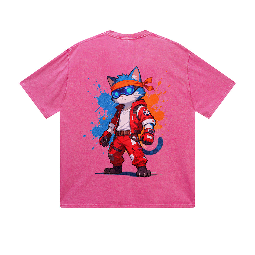 Vintage washed T-Shirt Cool Cat Racing Suit Cartoon Graphic Print Casual Daily Streetwear Feel lives