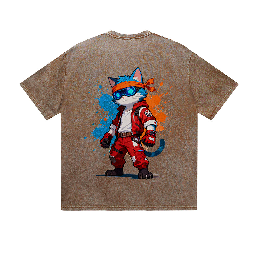 Vintage washed T-Shirt Cool Cat Racing Suit Cartoon Graphic Print Casual Daily Streetwear Feel lives
