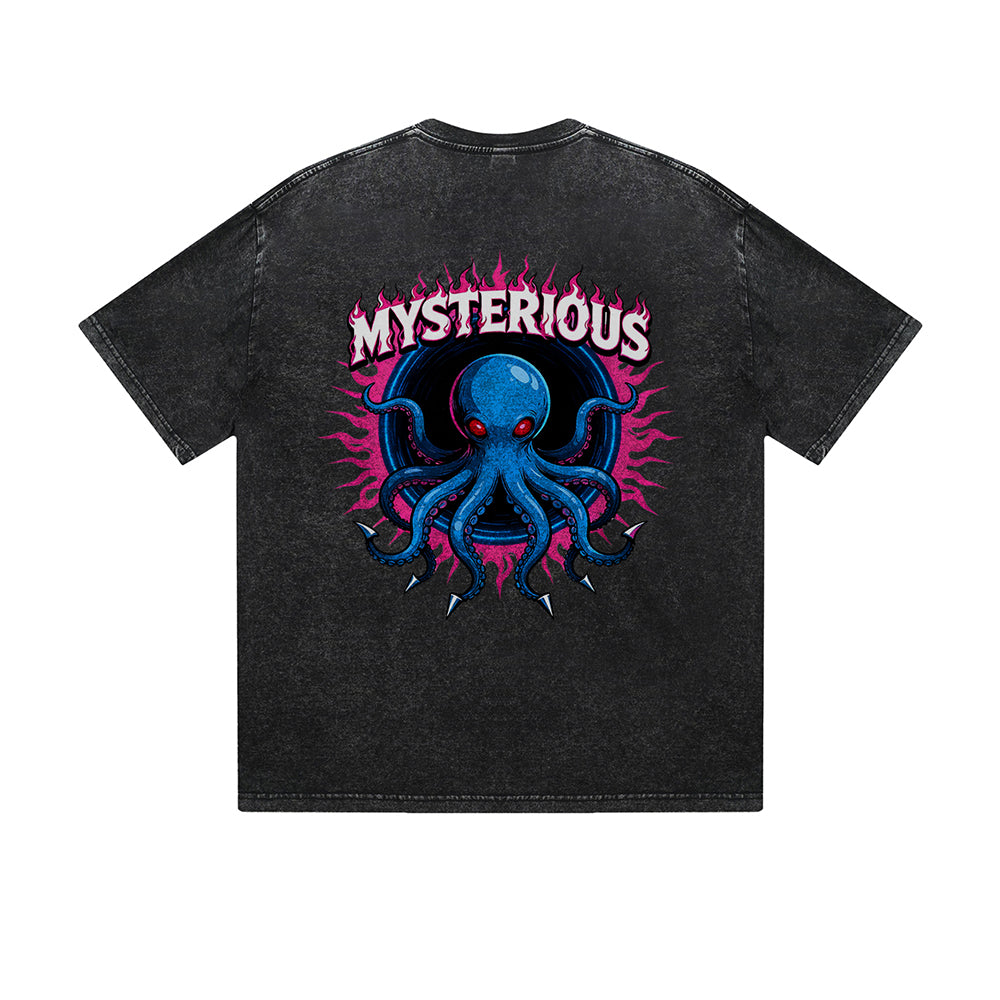 Vintage Washed T-Shirt Mysterious Octopus Flame Graphic Print Casual Daily Streetwear Feel lives