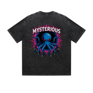 Vintage Washed T-Shirt Mysterious Octopus Flame Graphic Print Casual Daily Streetwear Feel lives
