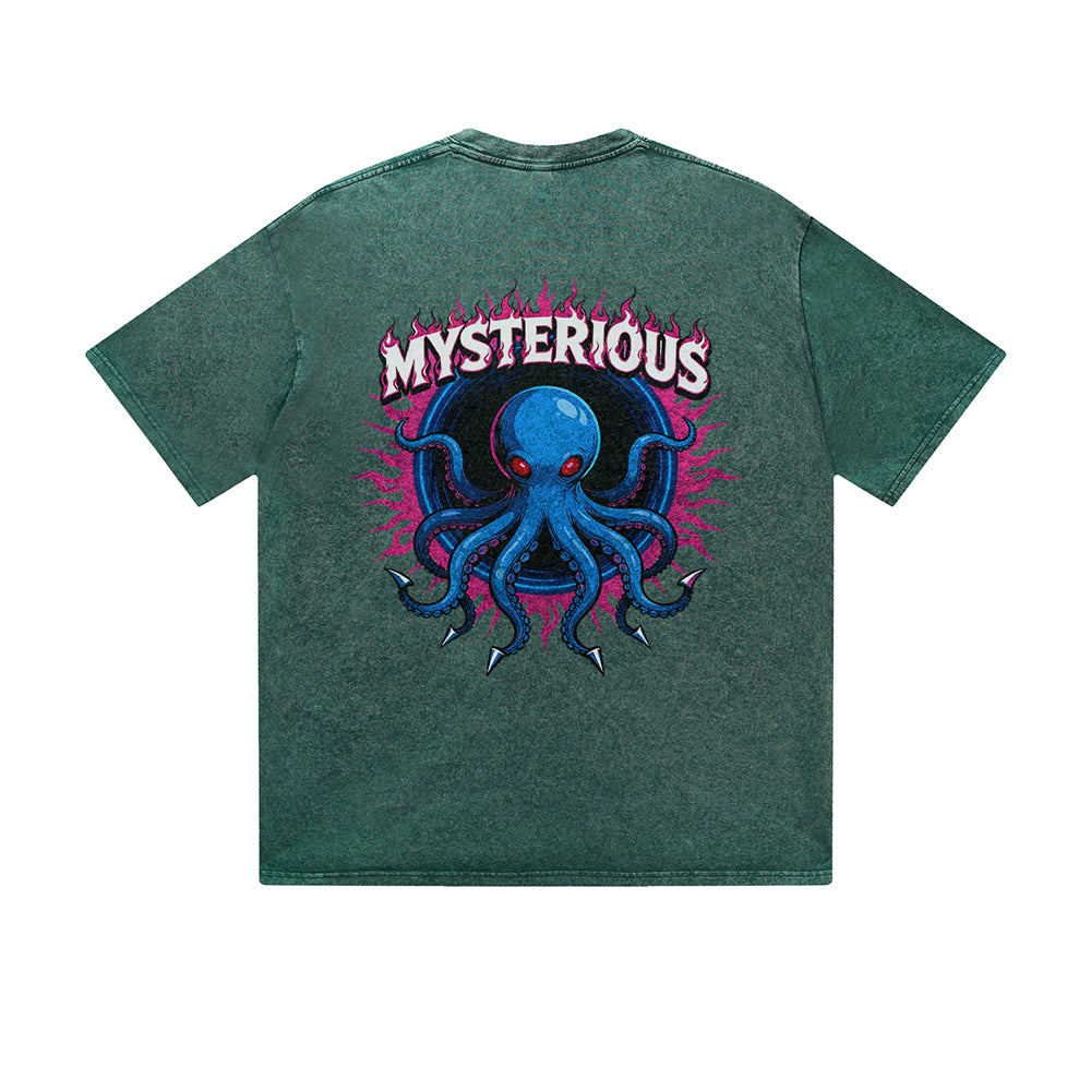 Vintage Washed T-Shirt Mysterious Octopus Flame Graphic Print Casual Daily Streetwear Feel lives