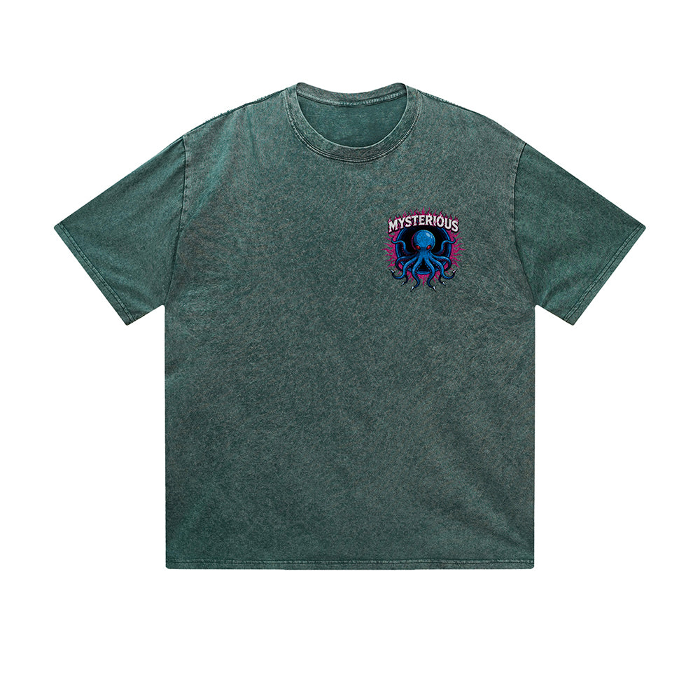 Vintage Washed T-Shirt Mysterious Octopus Flame Graphic Print Casual Daily Streetwear Feel lives