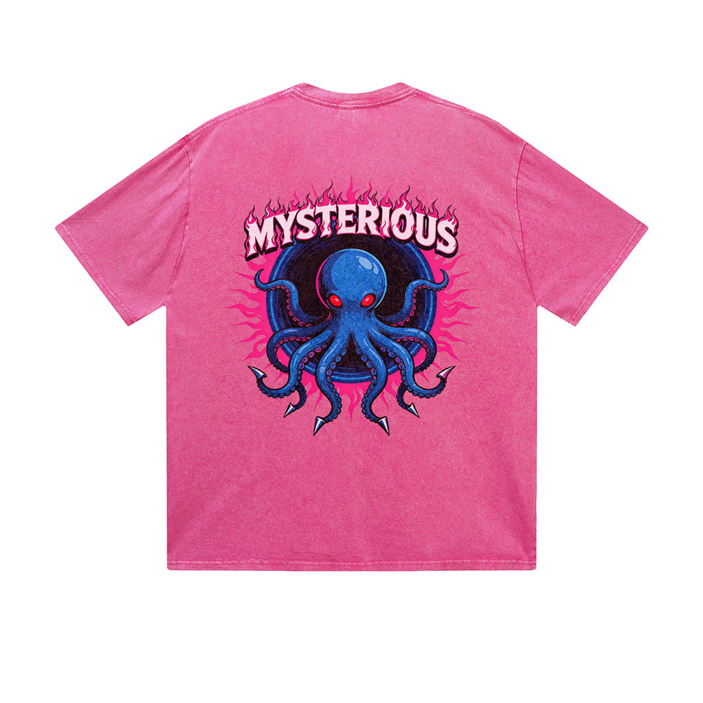 Vintage Washed T-Shirt Mysterious Octopus Flame Graphic Print Casual Daily Streetwear Feel lives