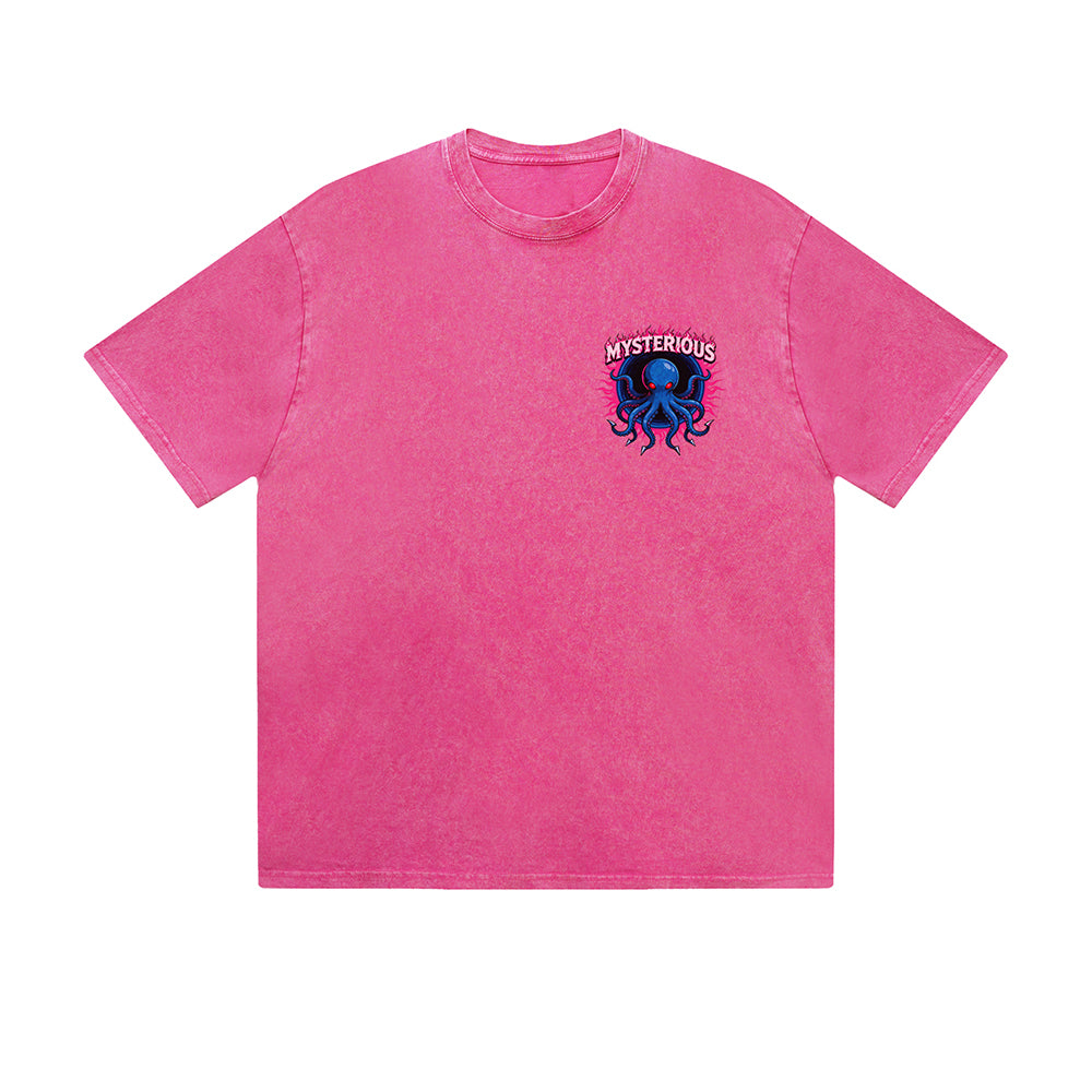 Vintage Washed T-Shirt Mysterious Octopus Flame Graphic Print Casual Daily Streetwear Feel lives