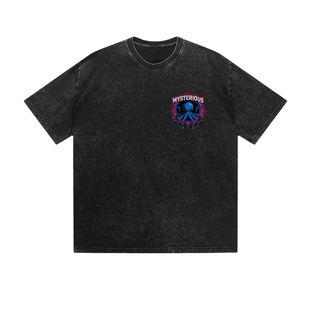 Vintage Washed T-Shirt Mysterious Octopus Flame Graphic Print Casual Daily Streetwear Feel lives