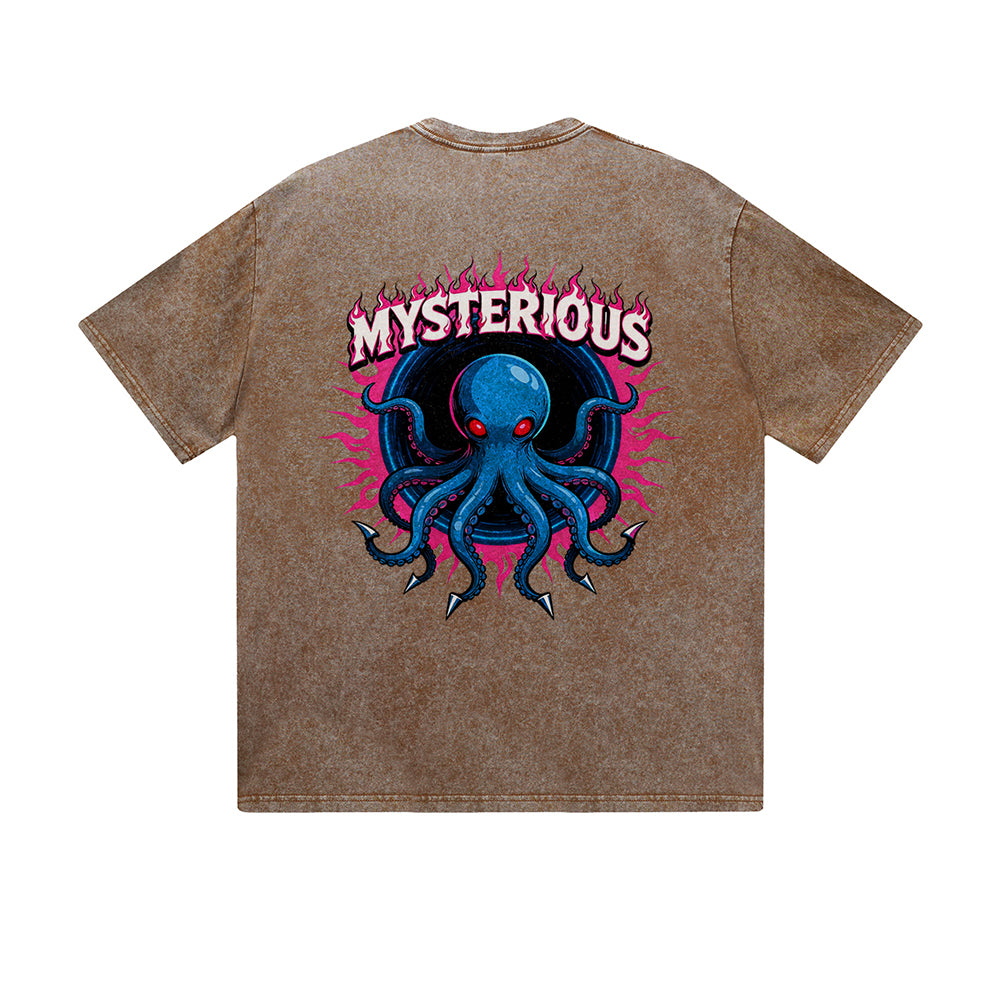 Vintage Washed T-Shirt Mysterious Octopus Flame Graphic Print Casual Daily Streetwear Feel lives