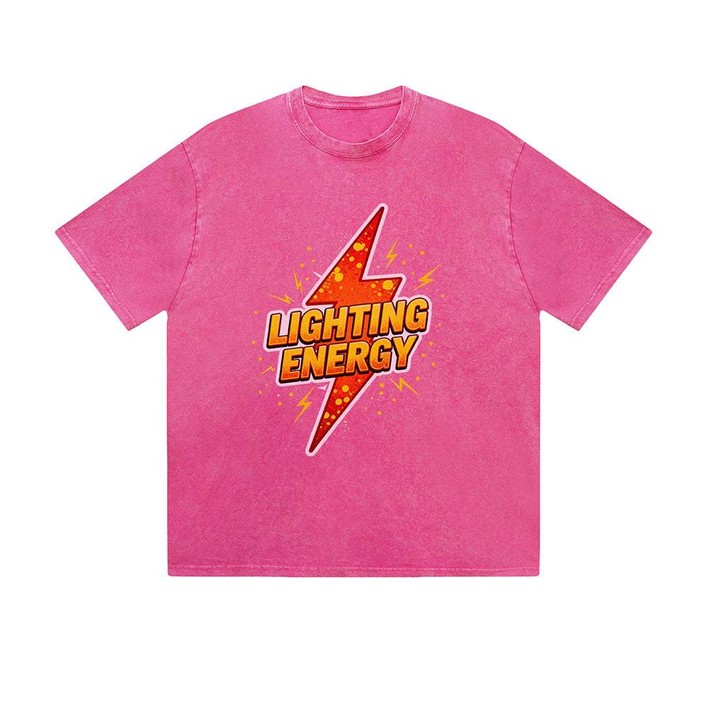 Vintage Washed T-Shirt Lighting Energy Lightning Bolt Graphic Print Casual Daily Streetwear Feel lives