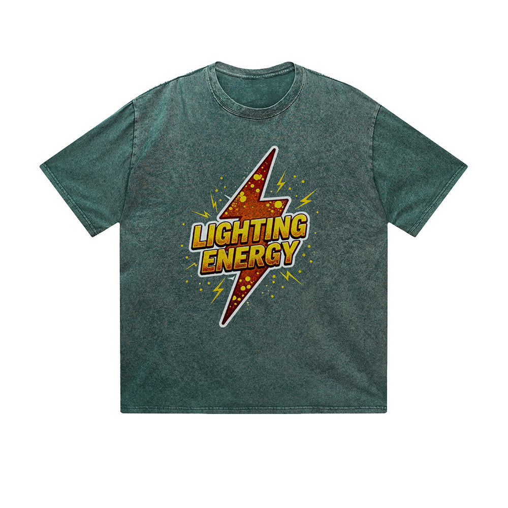 Vintage Washed T-Shirt Lighting Energy Lightning Bolt Graphic Print Casual Daily Streetwear Feel lives