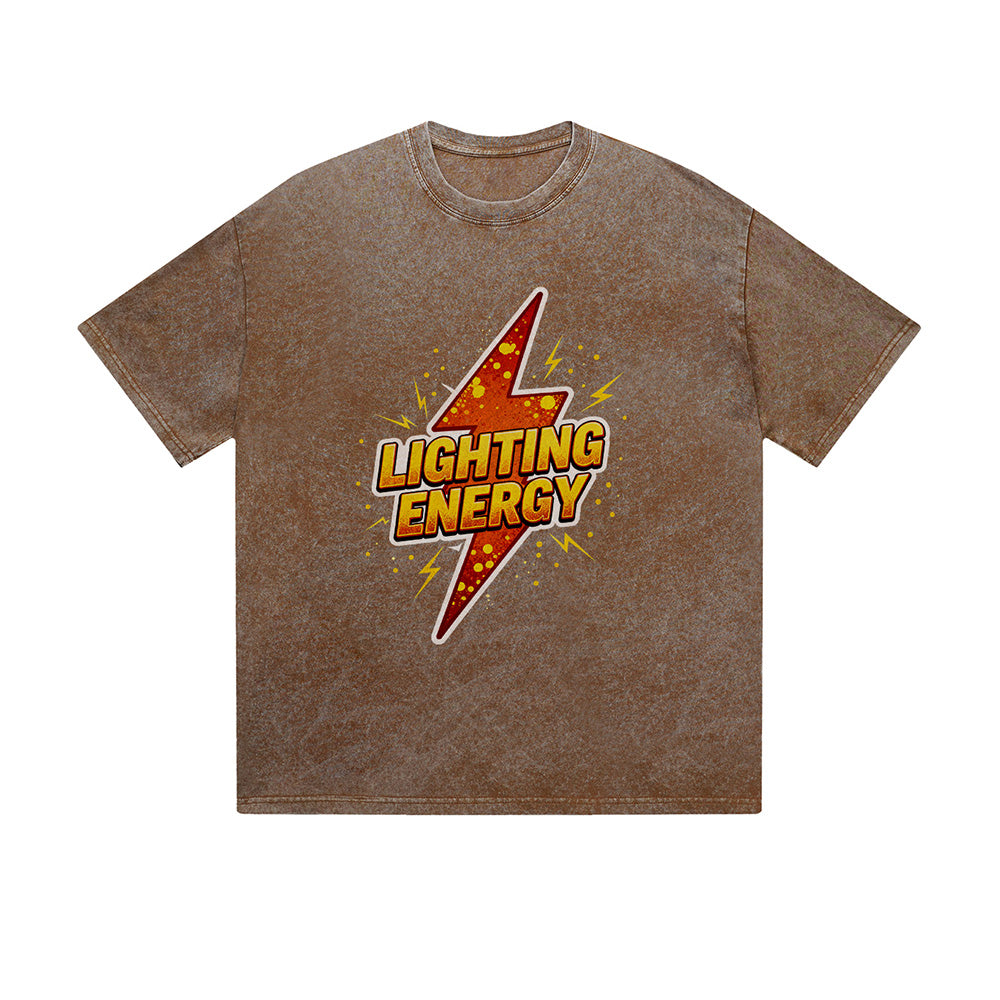 Vintage Washed T-Shirt Lighting Energy Lightning Bolt Graphic Print Casual Daily Streetwear Feel lives